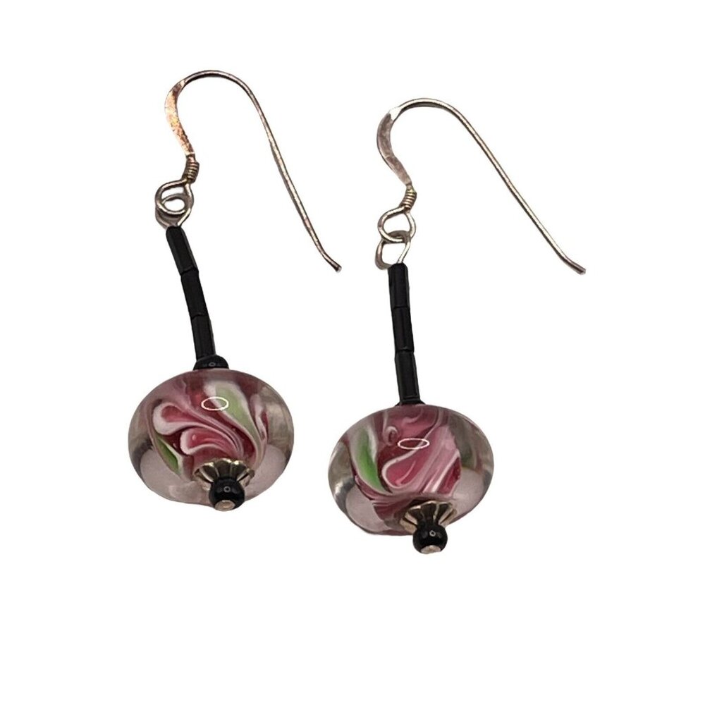VTG Dichroic Art Glass‎ Beaded STERLING Silver 925 Hooks Dangle Drop Earrings